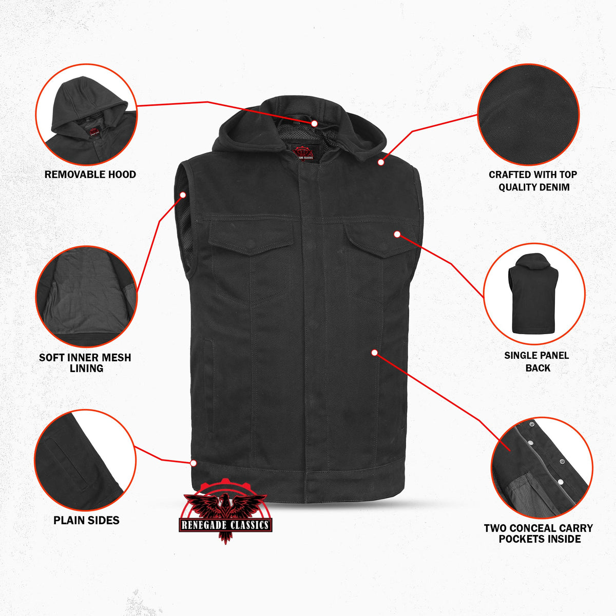 Men's Black Denim Single Back Panel Concealment Vest w/Rem