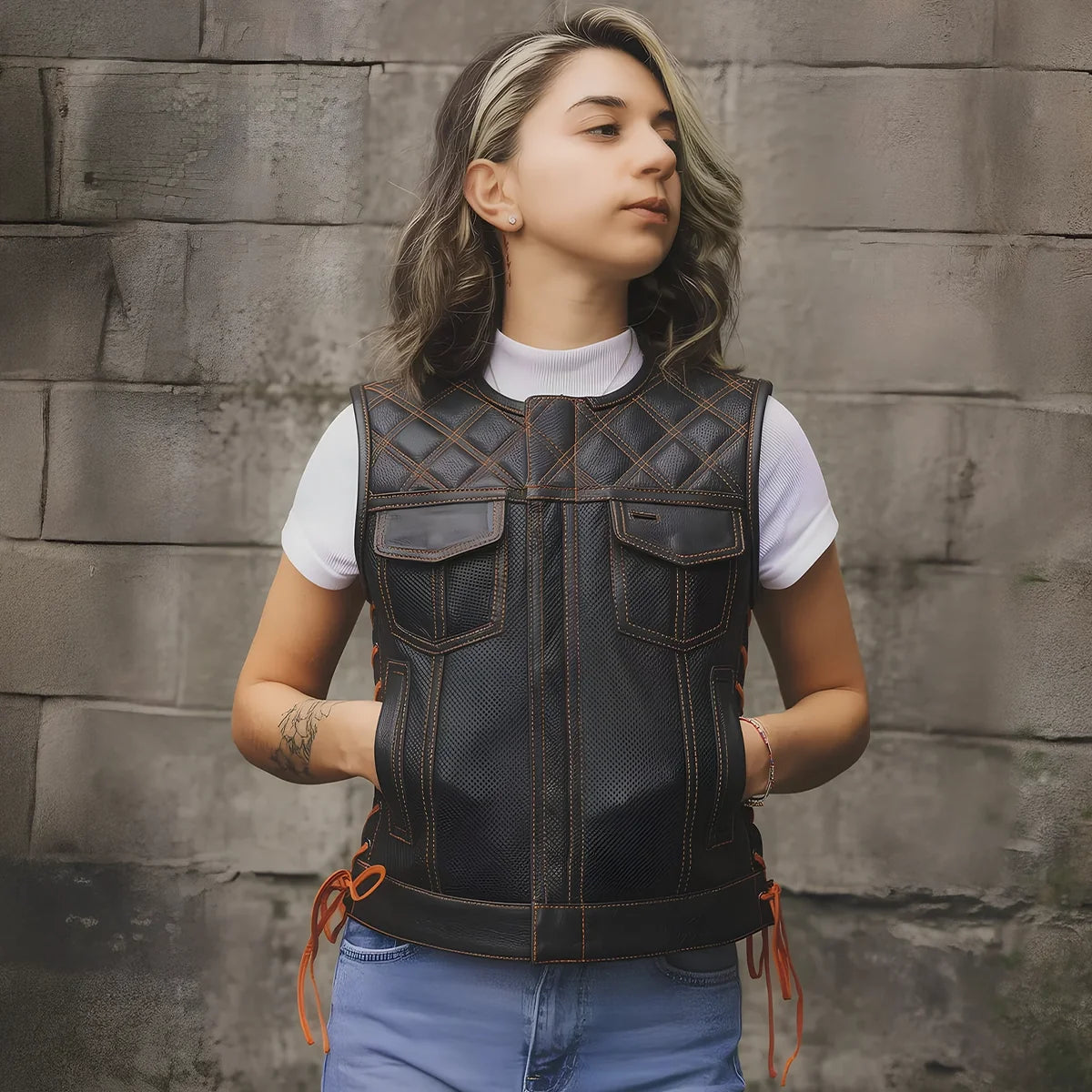 Bonnie Perforated Women's Motorcycle Leather Vest