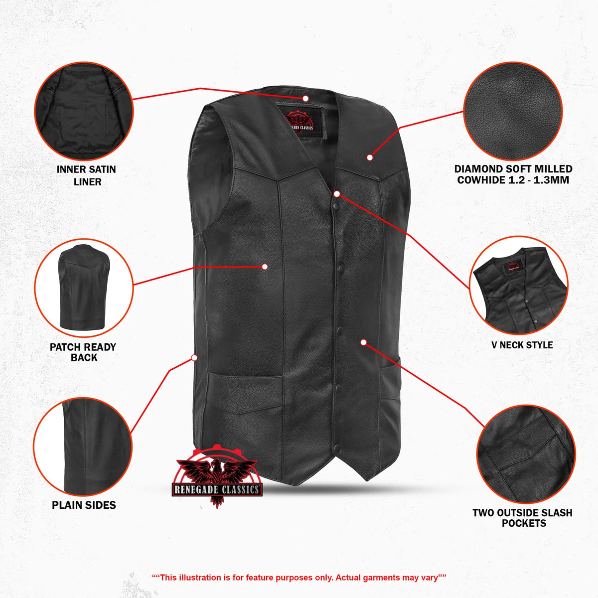 Men's Tall Classic Motorcycle Leather Vest - Black